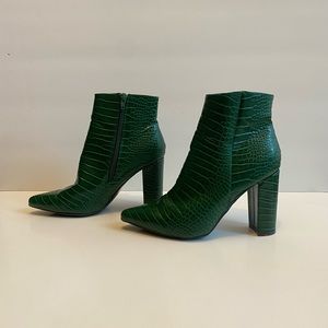 Green croc embossed chunky heeled boots
